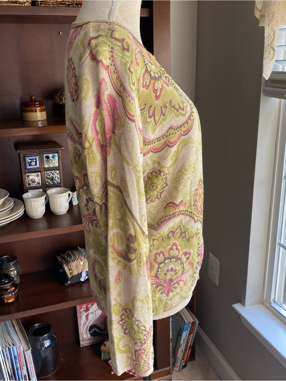 Sigrid Olsen Paisley Button-Front Long Sleeve Cardigan, in Green-Pink M EUC - Picture 6 of 14
